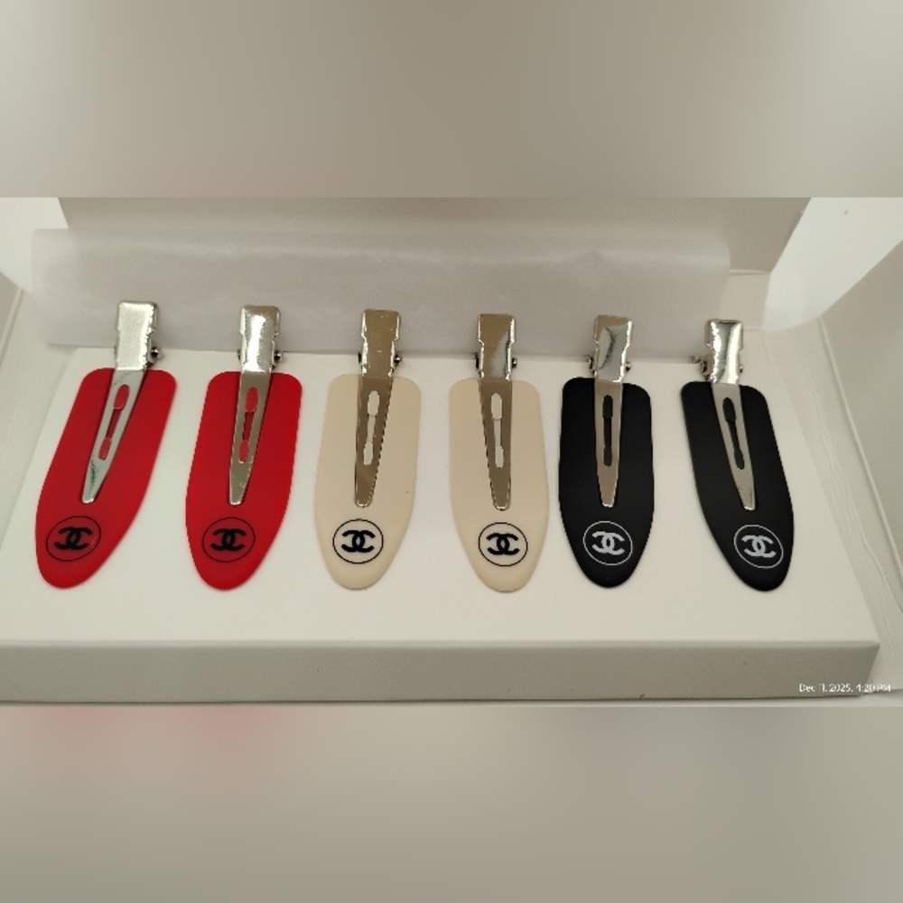 CHANEL 6 Piece Hair Clip Set BNIB 2 Red, 2 Cream, & 2 Black